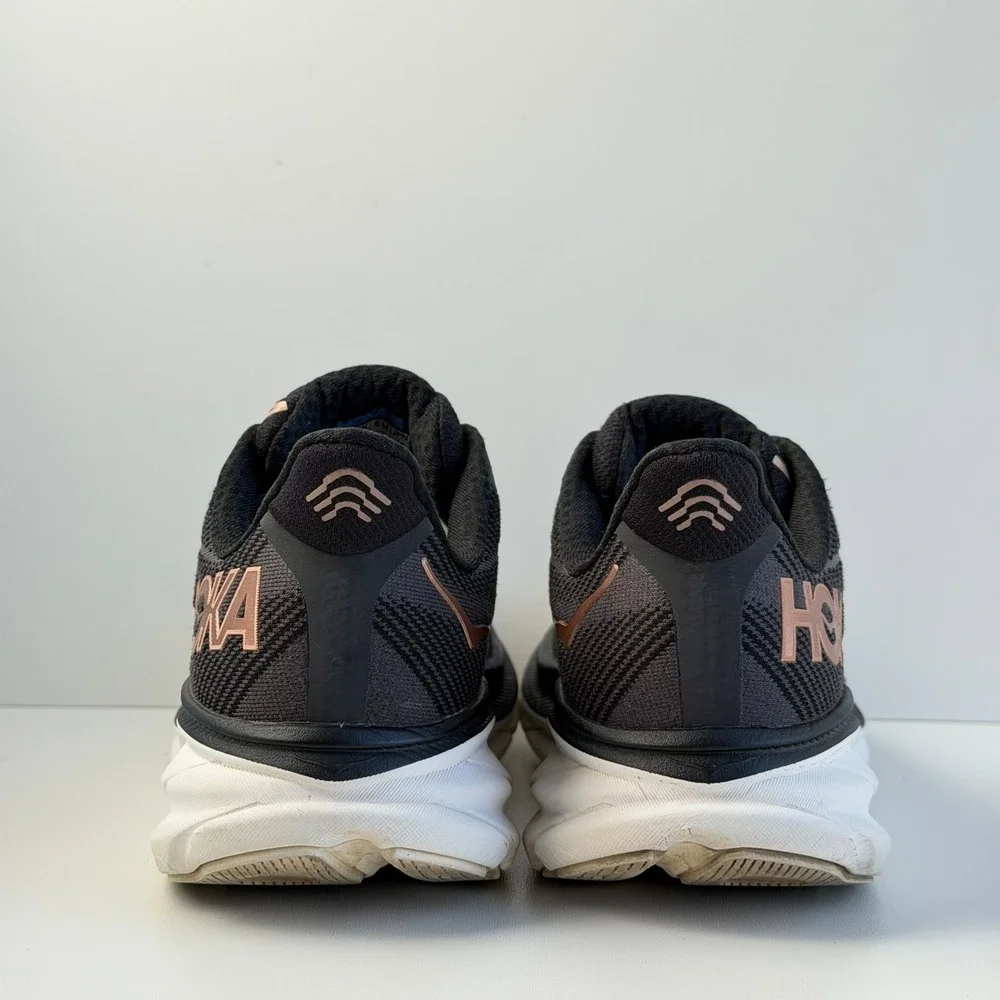 Hoka Clifton 9 Women 8 Black Rose Gold Road Running Shoes Cushion Comfort Gym